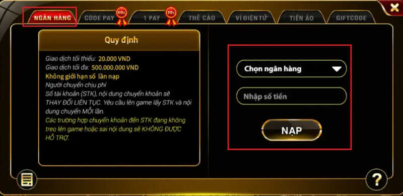 Nạp tiền Hitclub bằng chuyển khoản