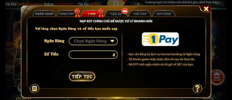 Nạp tiền 1 pay dễ dàng tại Hitclub